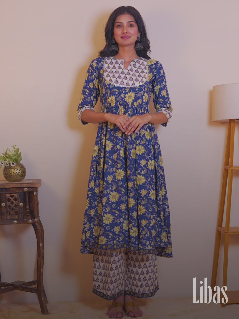 Blue Printed Cotton Anarkali Kurta With Palazzos & Dupatta