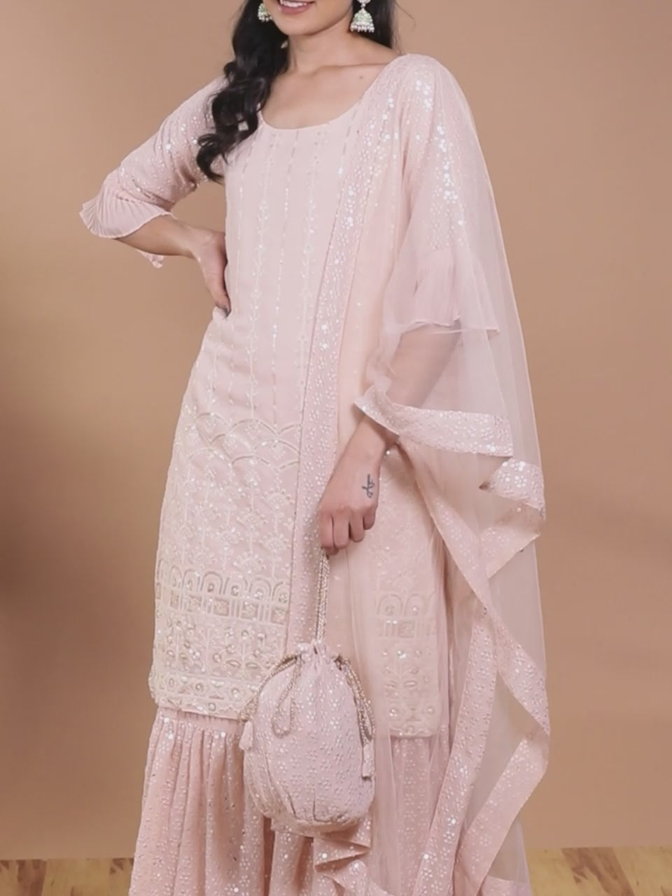 Pink Sequinned Georgette Straight Kurta With Sharara & Dupatta