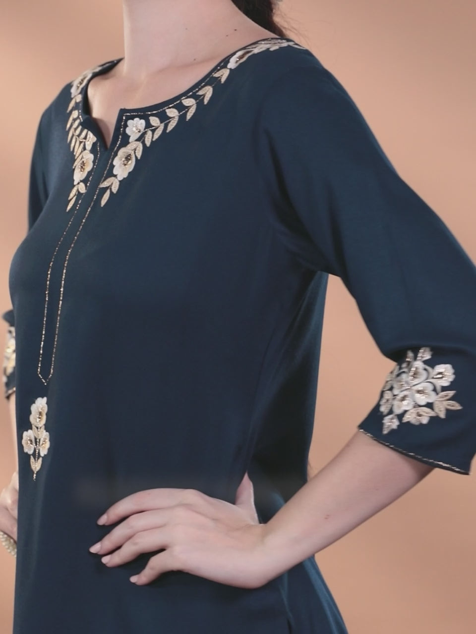 Teal Self Design Wool Blend Co-Ords