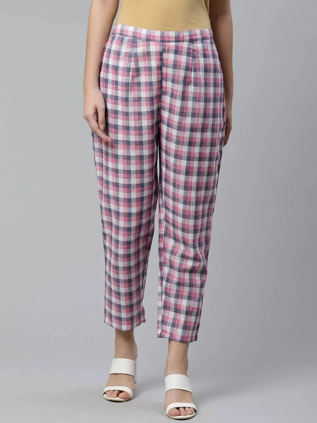 Purple Checkered Cotton Trousers - Libas