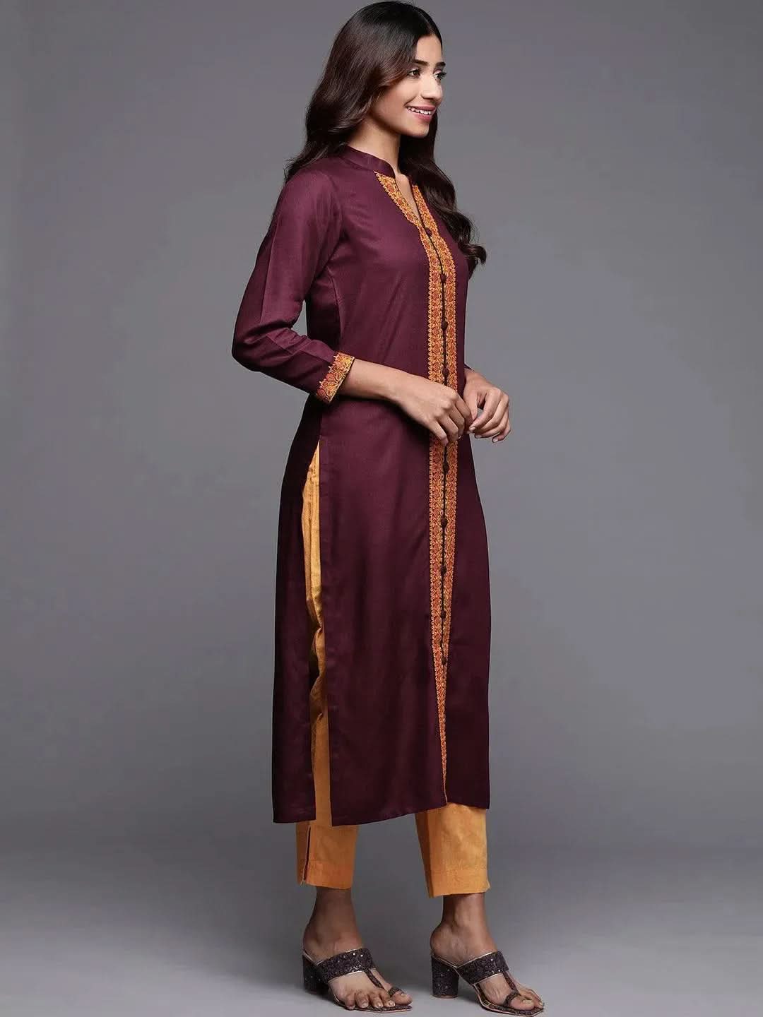 Purple Embroidered Pashmina Wool Straight Kurta - Libas