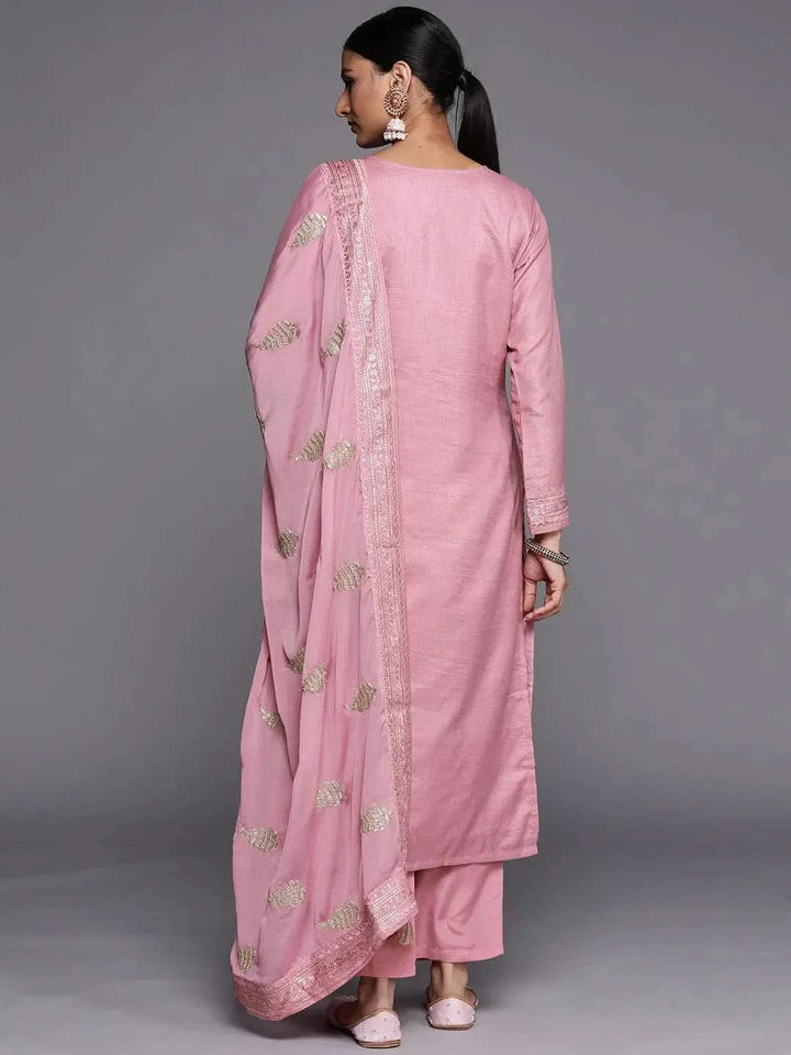 Purple Embroidered Silk Blend Straight Suit Set - Libas