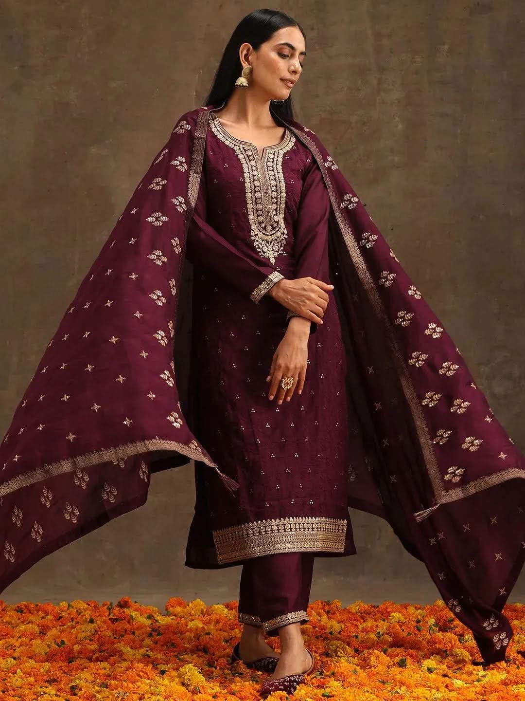 Buy Purple Embroidered Silk Blend Straight Kurta With Trousers