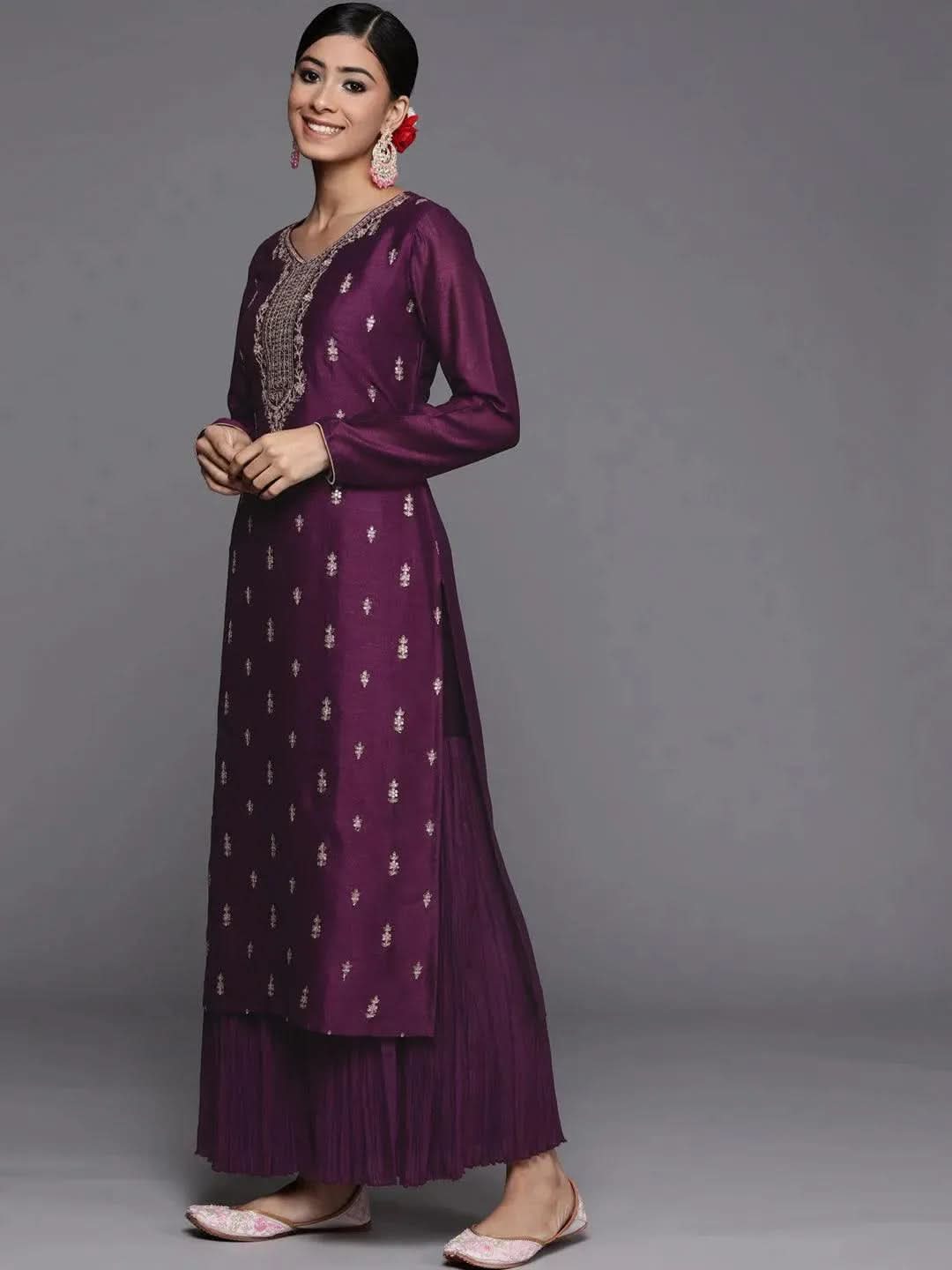 Purple Embroidered Silk Straight Kurta - Libas