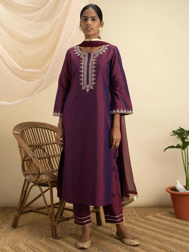 Purple Embroidered Silk Suit Set - Libas