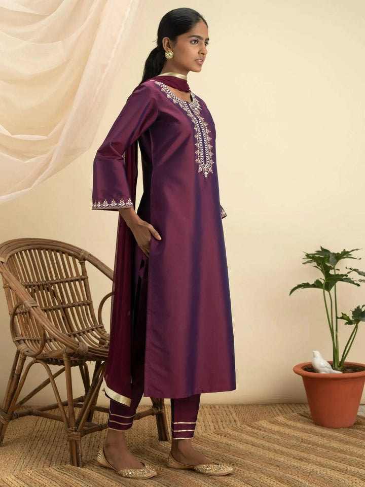 Purple Embroidered Silk Suit Set - Libas