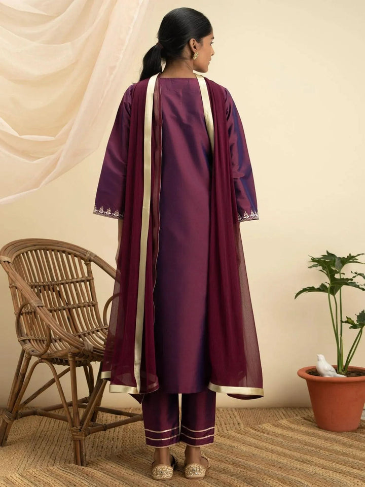 Purple Embroidered Silk Suit Set - Libas