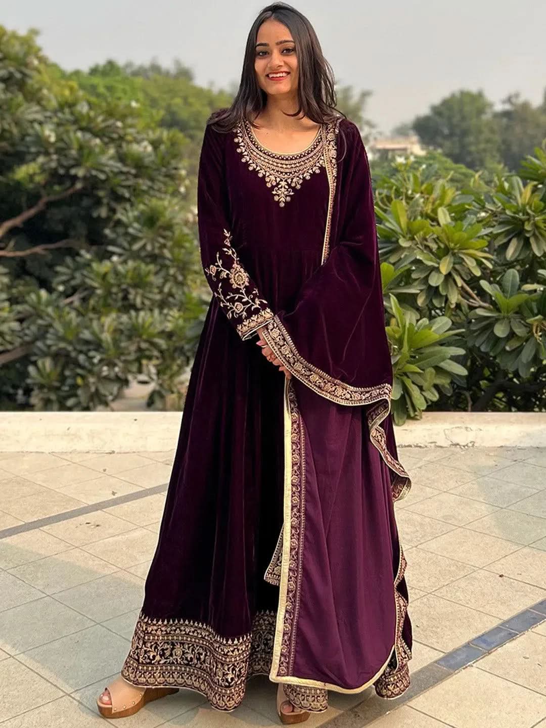 Buy Purple Embroidered Velvet Anarkali Kurta With Trousers