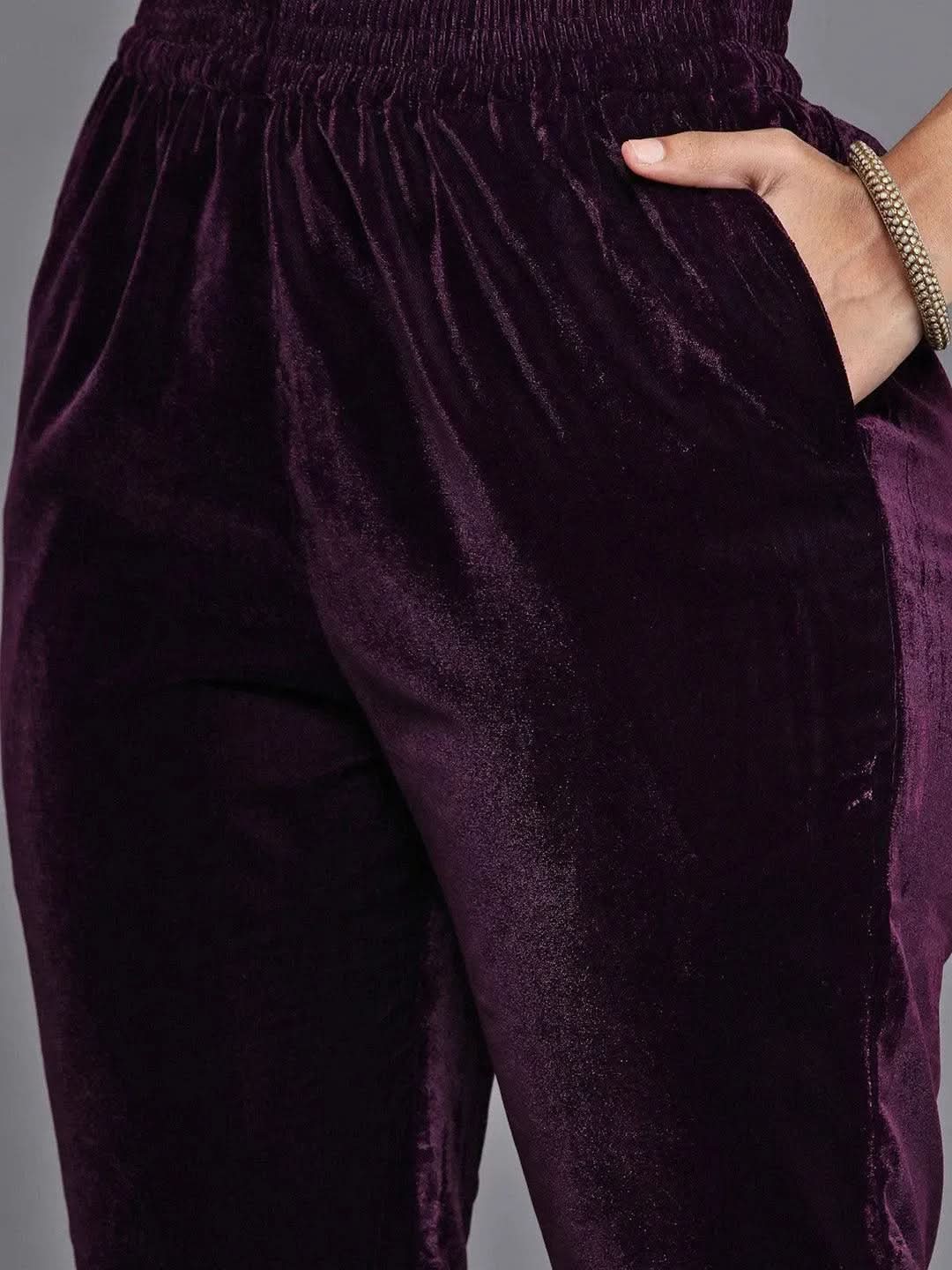 Purple Embroidered Velvet Anarkali Kurta With Trousers & Dupatta
Purple Embroidered Velvet Anarkali Kurta With Trousers & Dupatta