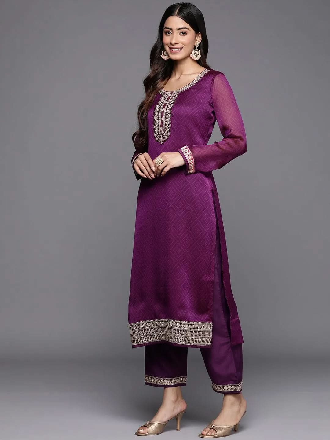 Purple Printed Chiffon Straight Kurta With Trousers & Dupatta 
Purple Printed Chiffon Straight Kurta With Trousers & Dupatta