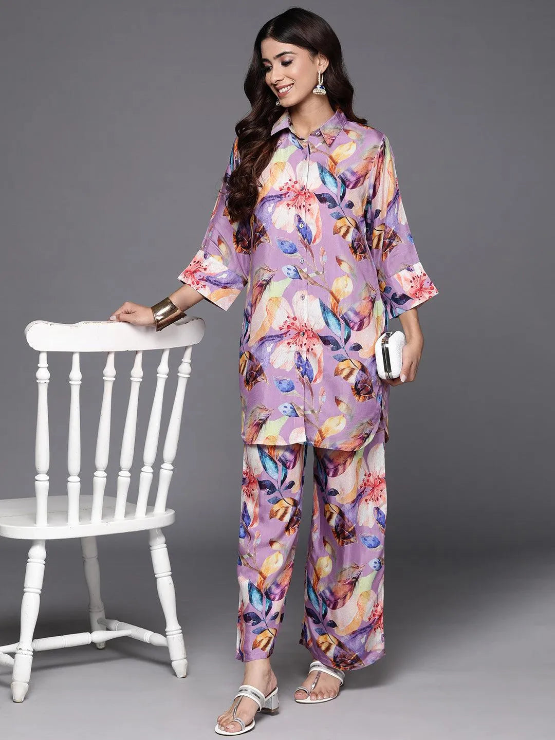 Purple Printed Cotton Blend Shirt With Palazzos Online at Rs.1399 | Libas