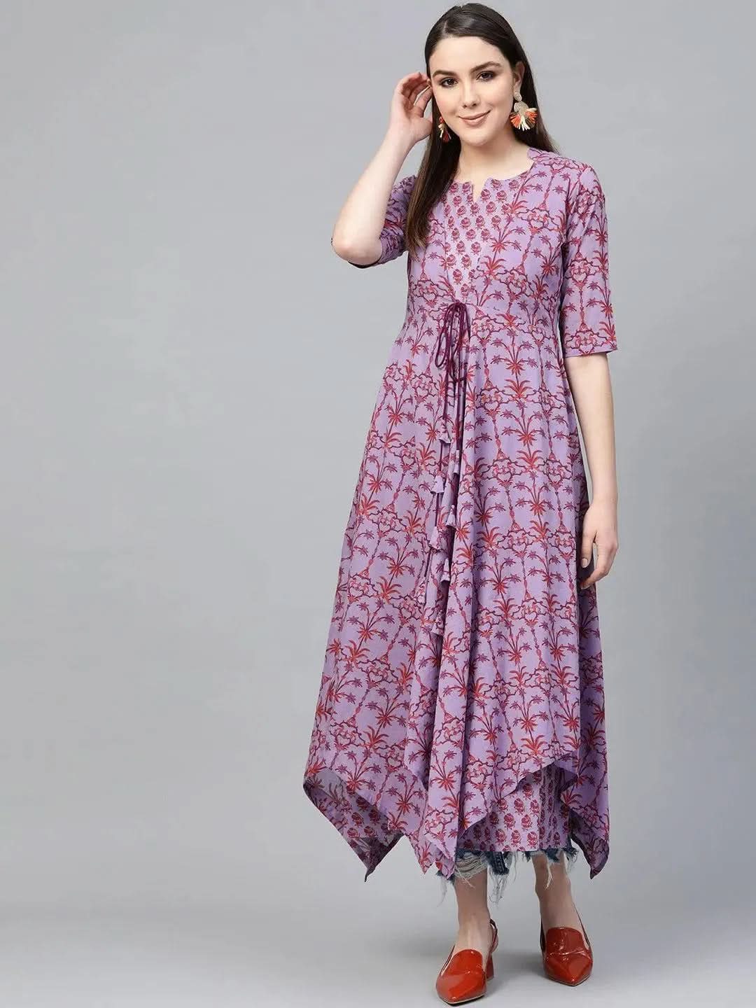 Purple Printed Cotton Dress - Libas
