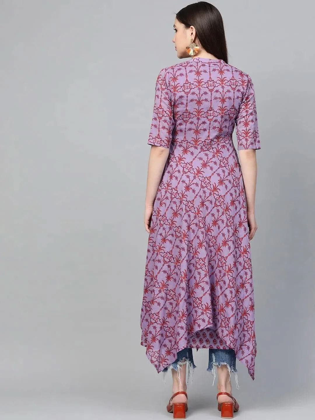 Purple Printed Cotton Dress - Libas