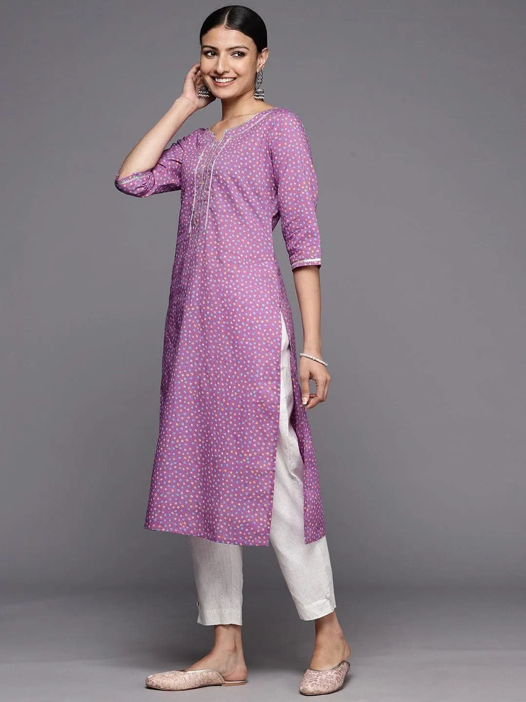 Purple Printed Cotton Straight Kurta - Libas