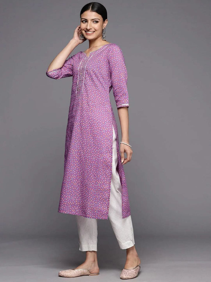 Purple Printed Cotton Straight Kurta - Libas