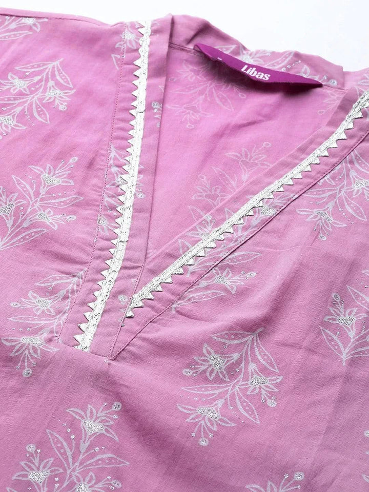 Purple Printed Cotton Straight Kurta - Libas