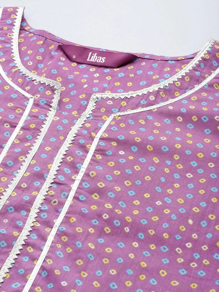 Purple Printed Cotton Straight Kurta - Libas