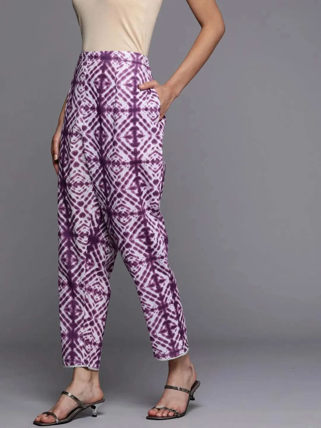 Purple Printed Cotton Trousers - Libas