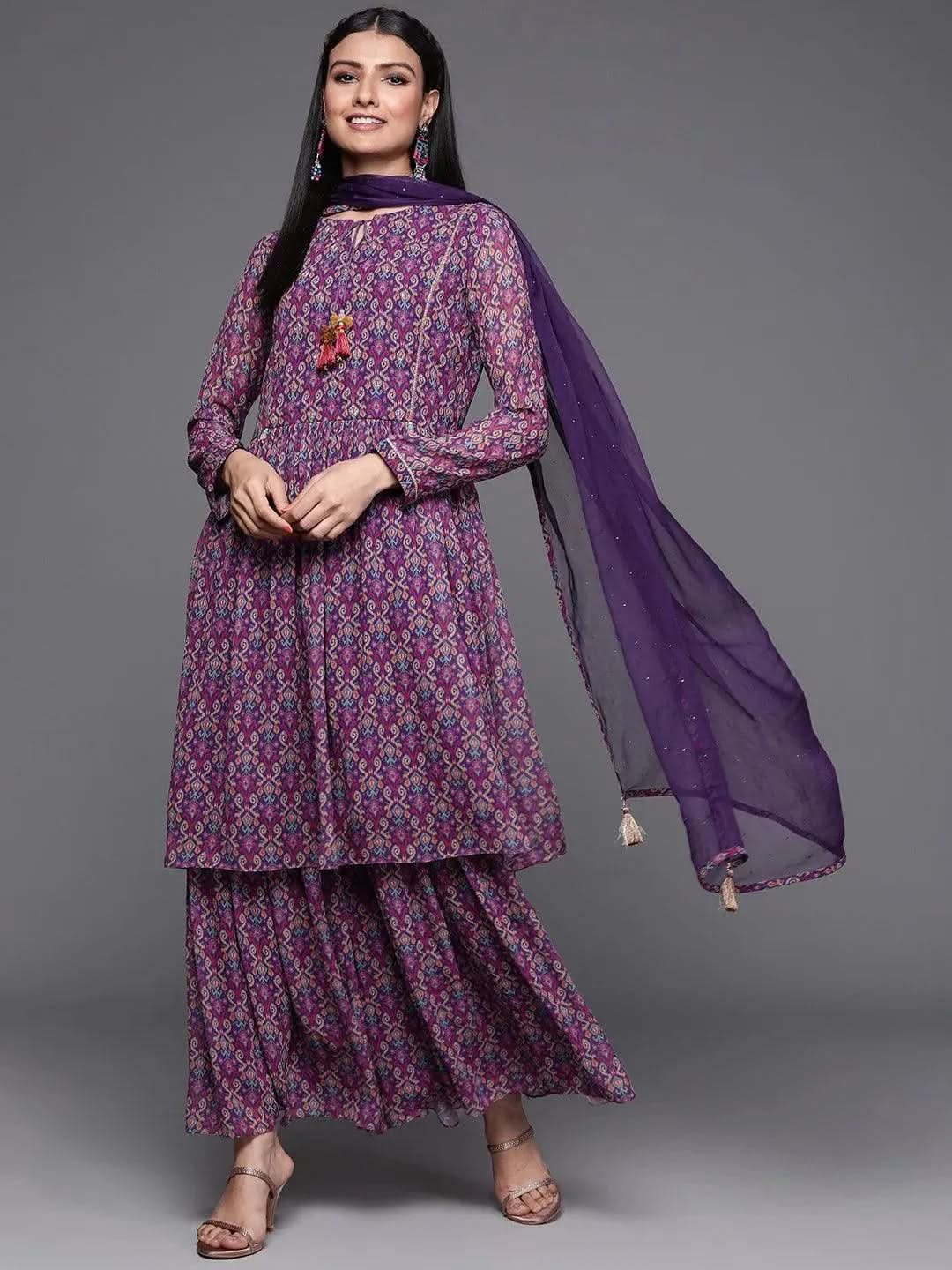 Purple Printed Georgette Suit Set - Libas