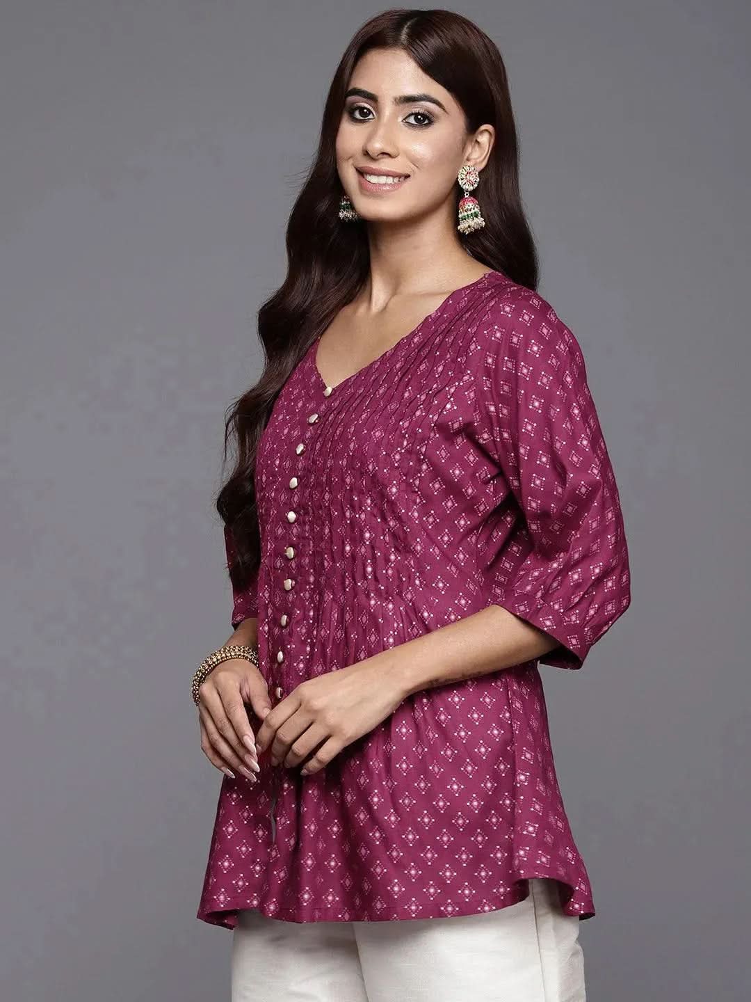 Purple Printed Rayon A-Line Kurti - Libas