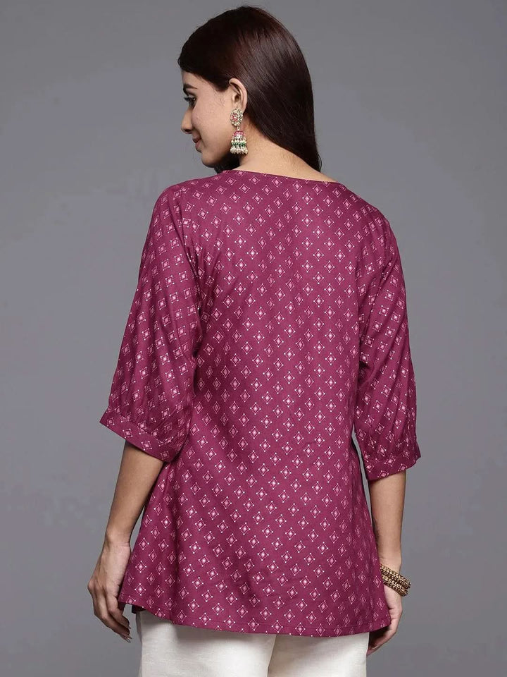 Purple Printed Rayon A-Line Kurti - Libas