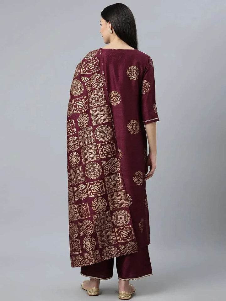 Purple Printed Silk Blend Suit Set - Libas