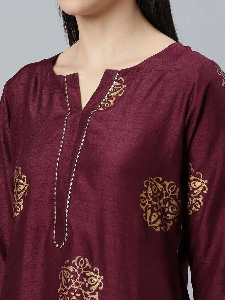 Purple Printed Silk Blend Suit Set - Libas