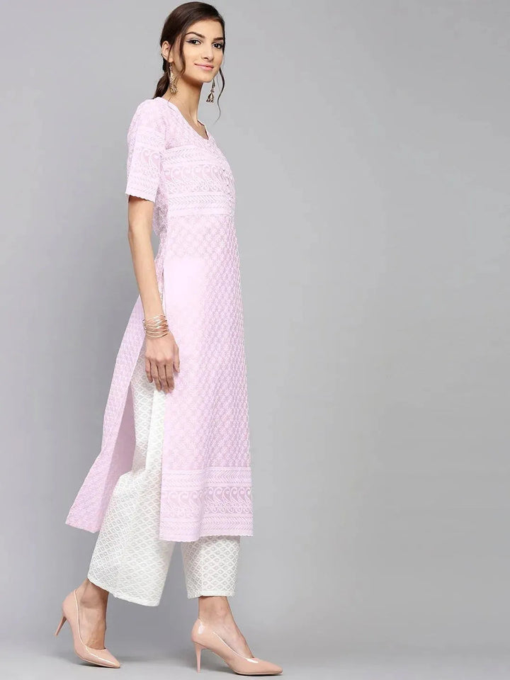 Purple Schiffli Cotton Kurta Set - Libas