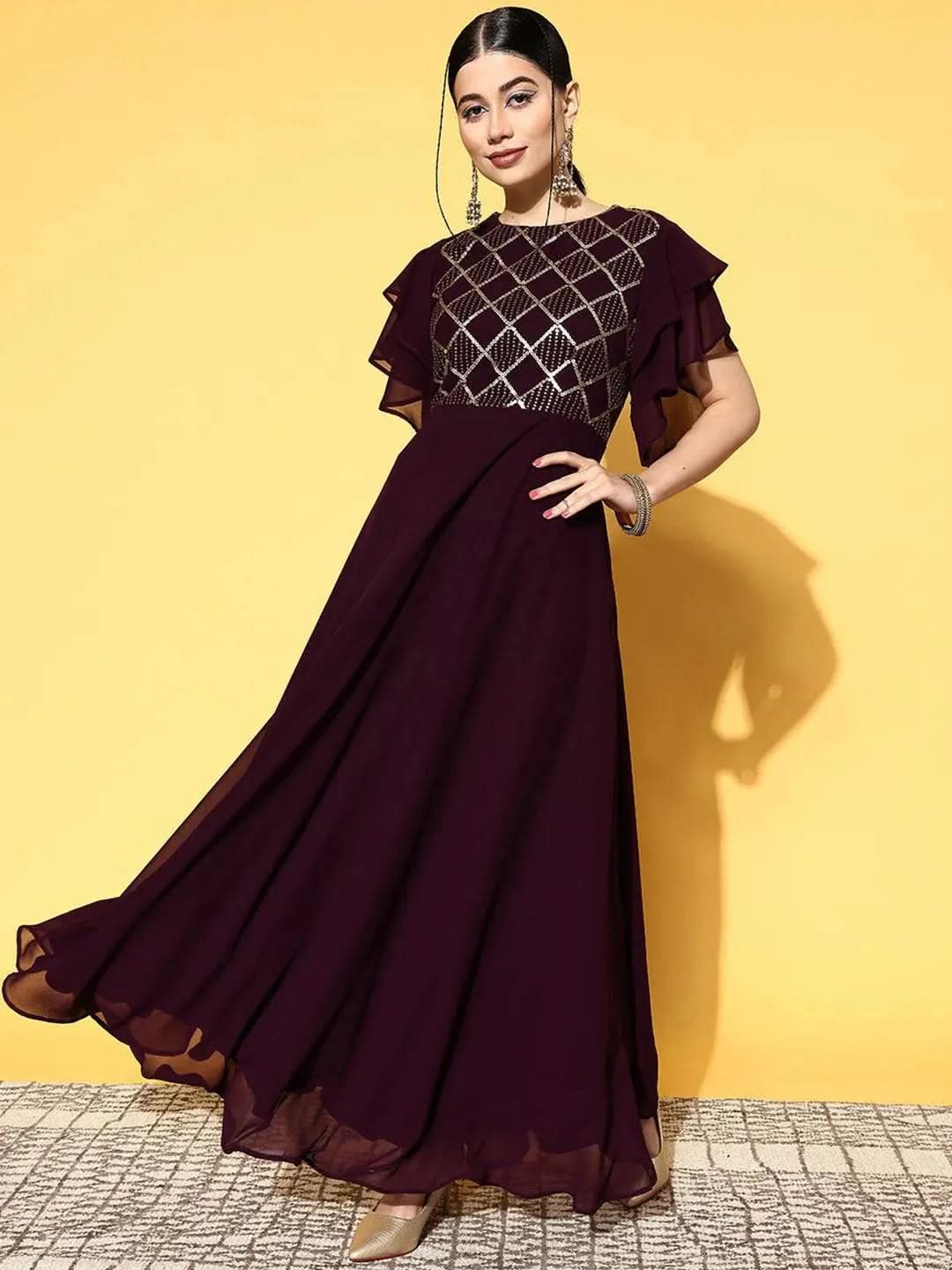 Buy Purple Self Design Georgette Dress Online at Libas