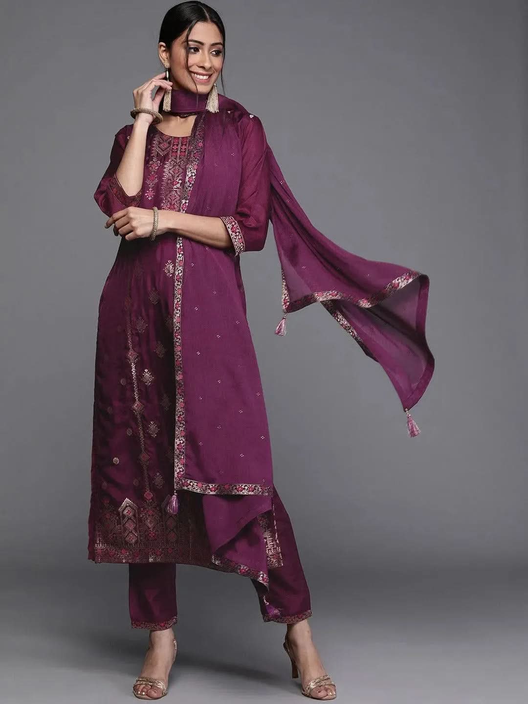 Purple Self Design Silk Straight Suit With Dupatta
Purple Self Design Silk Straight Suit With Dupatta