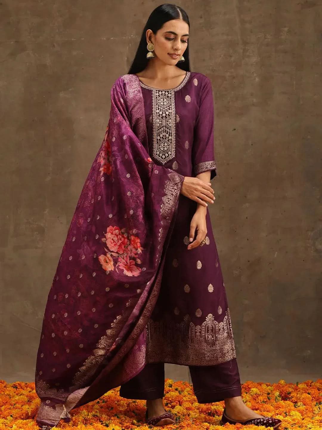Purple Self Design Silk Straight Kurta With Trousers & Dupatta
Purple Self Design Silk Straight Kurta With Trousers & Dupatta