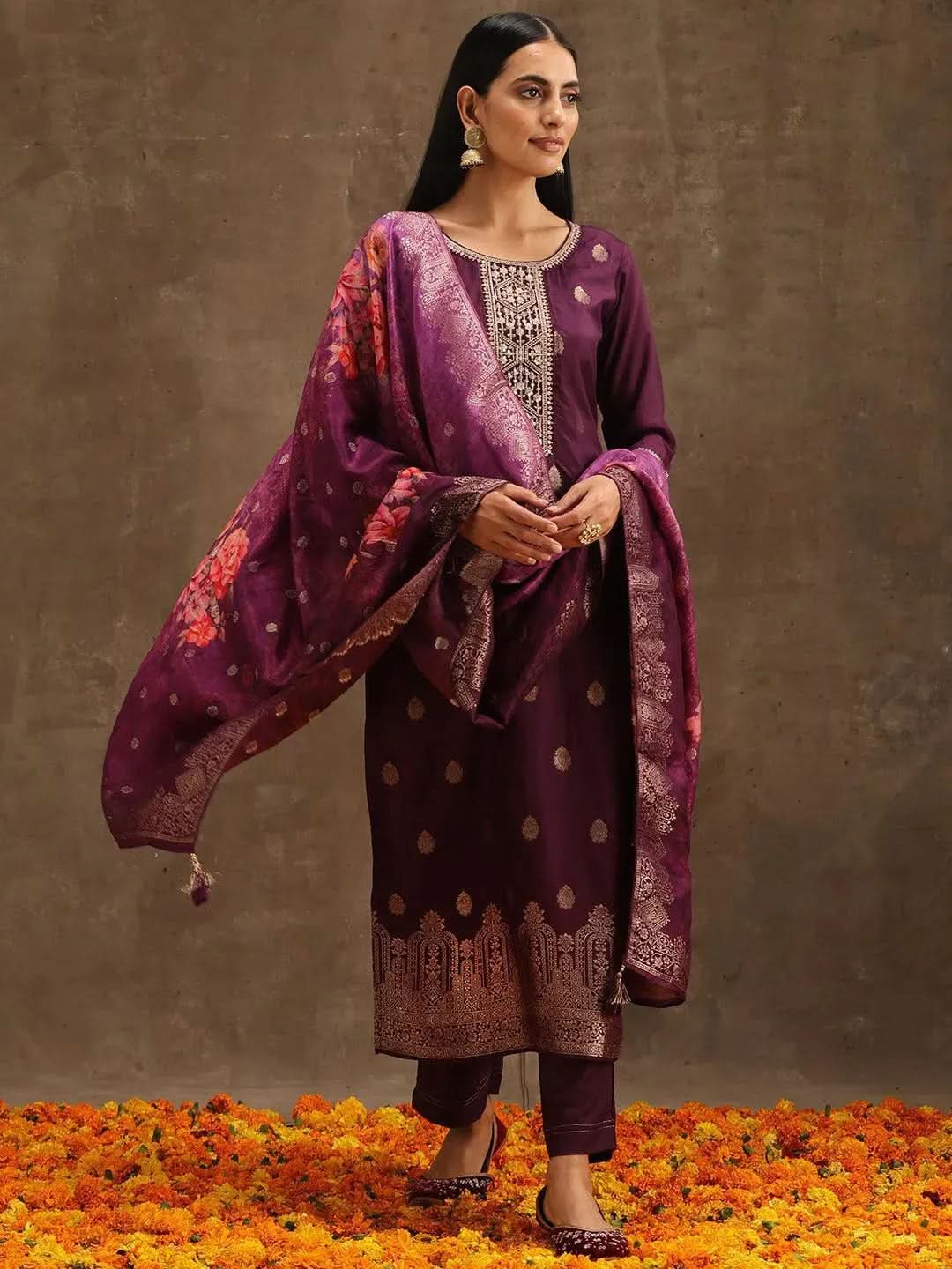 Purple Self Design Silk Straight Kurta With Trousers & Dupatta
Purple Self Design Silk Straight Kurta With Trousers & Dupatta