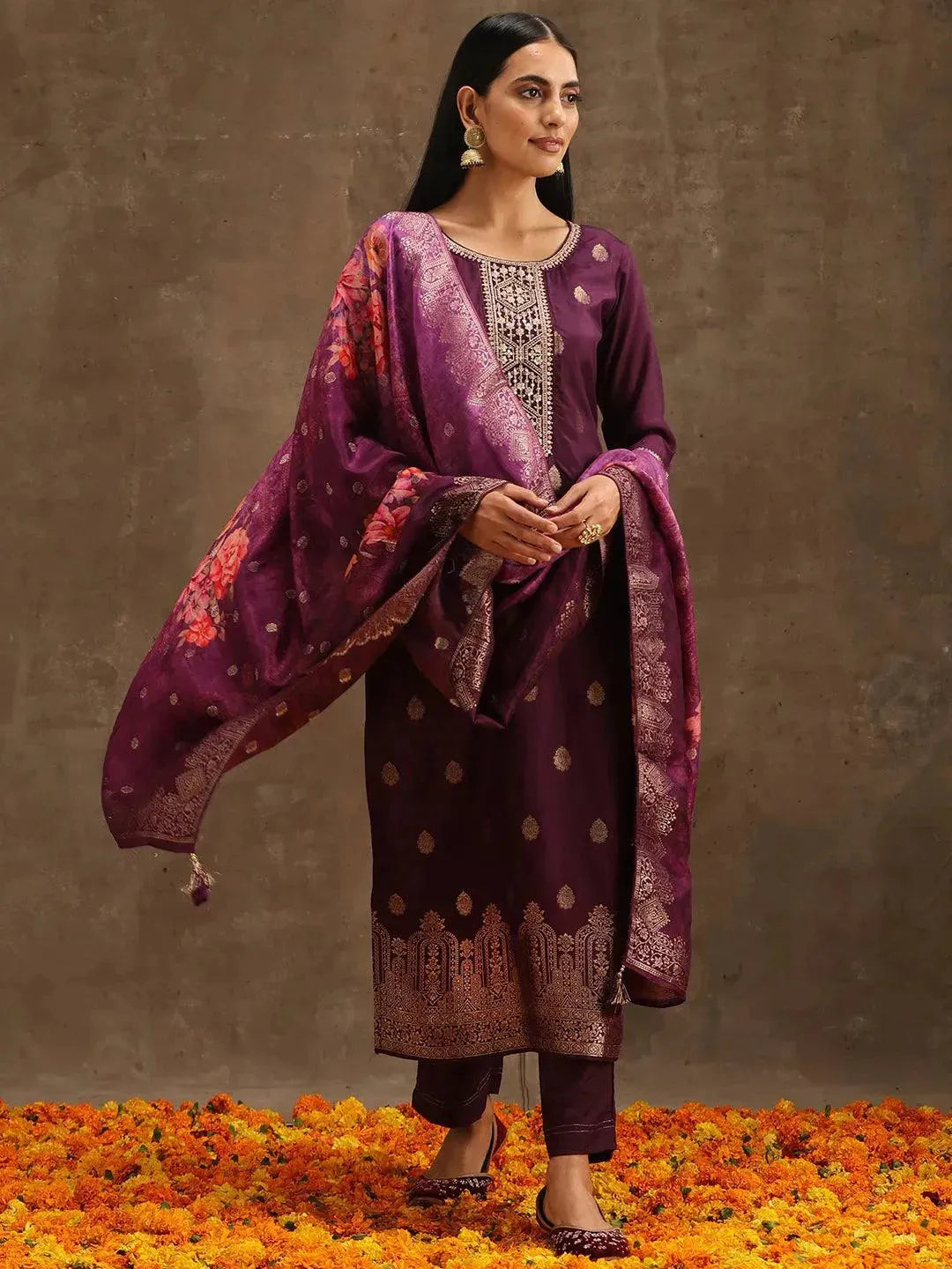 Purple Self Design Silk Straight Kurta With Trousers & Dupatta
Purple Self Design Silk Straight Kurta With Trousers & Dupatta