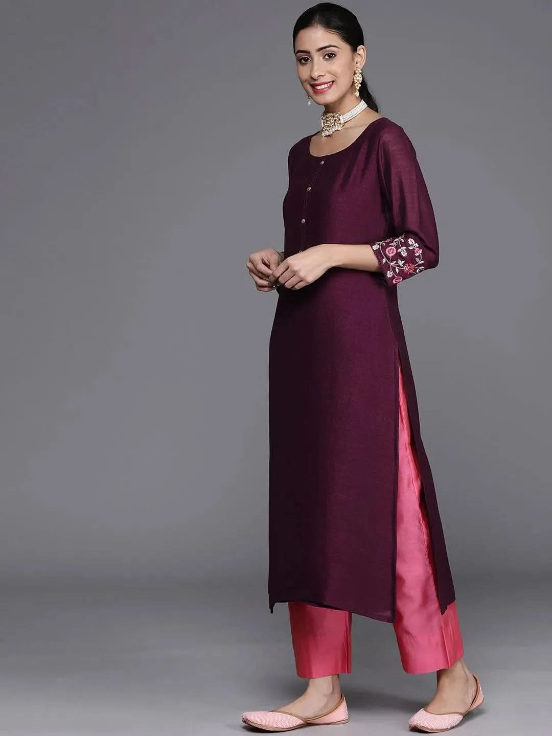 Purple Solid Silk Kurta - Libas