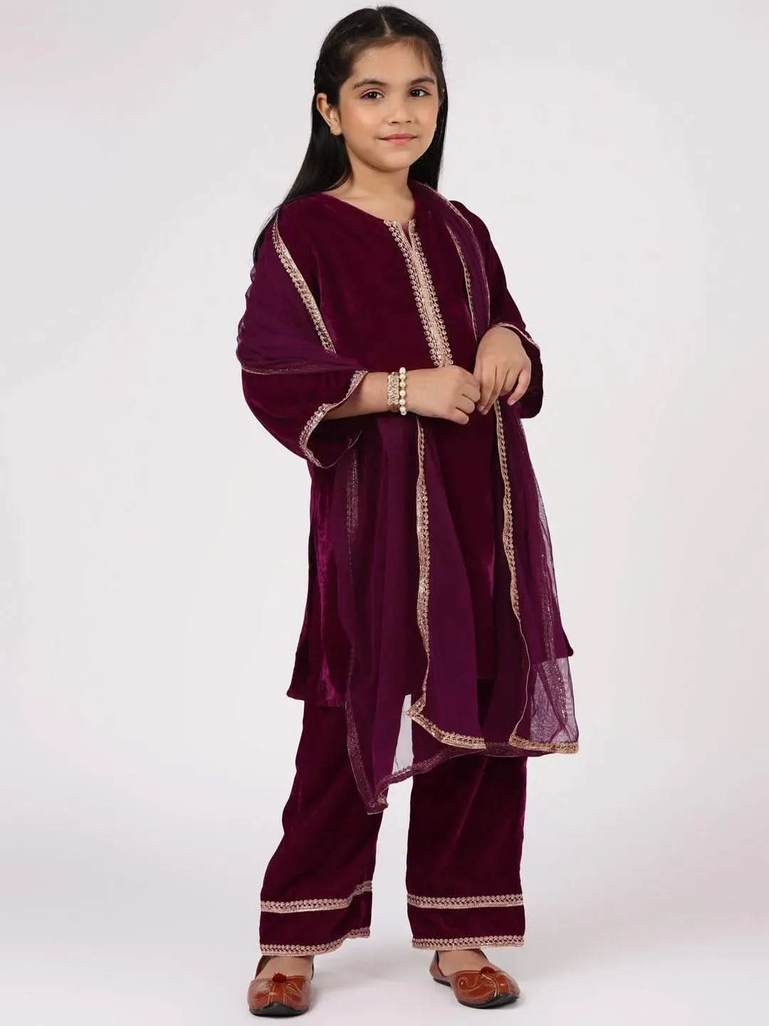 Purple Solid Velvet Straight Suit Set - Libas