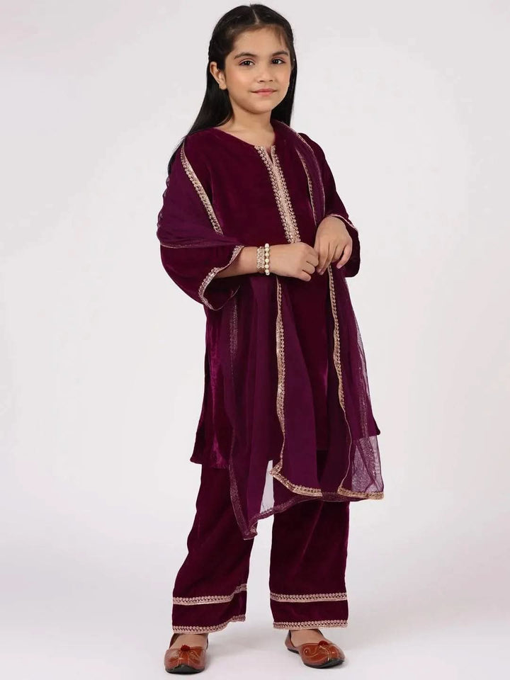 Purple Solid Velvet Straight Suit Set - Libas