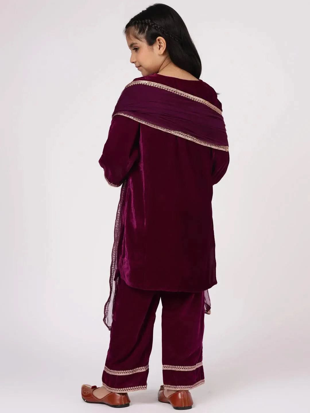 Purple Solid Velvet Straight Suit Set - Libas