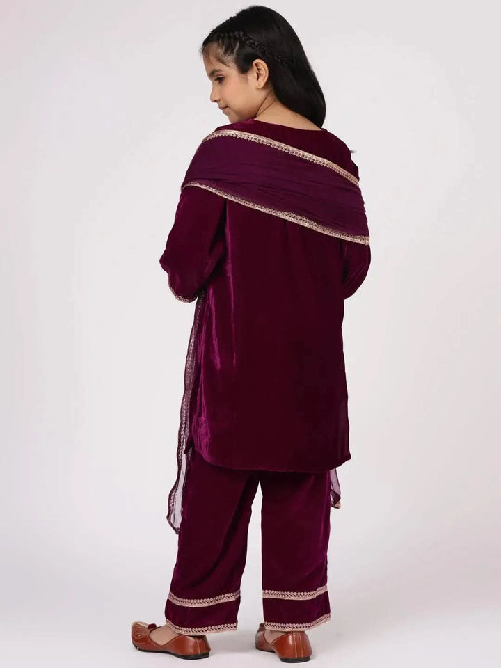 Purple Solid Velvet Straight Suit Set - Libas