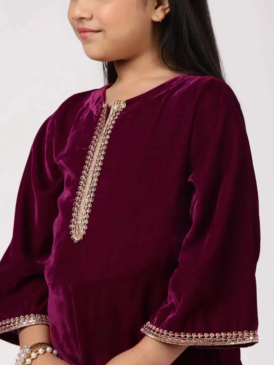 Purple Solid Velvet Straight Suit Set - Libas