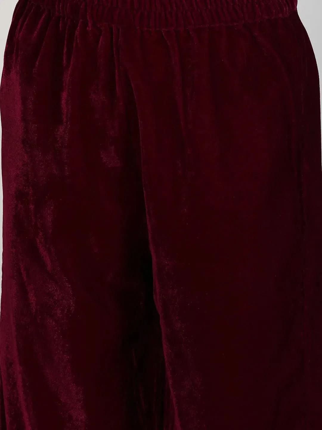 Purple Solid Velvet Straight Suit Set - Libas