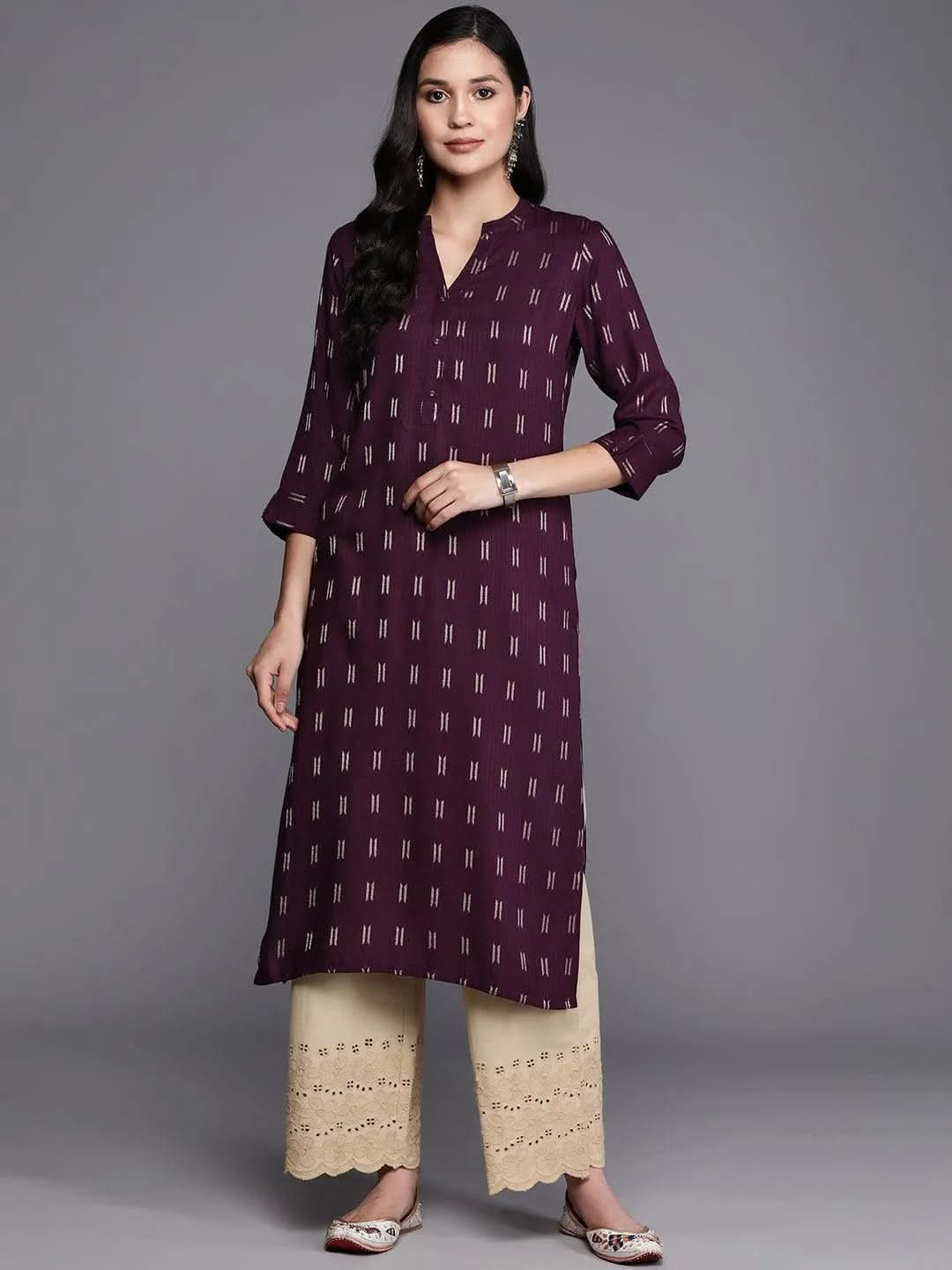 Purple Woven Design Rayon Straight Kurta - Libas