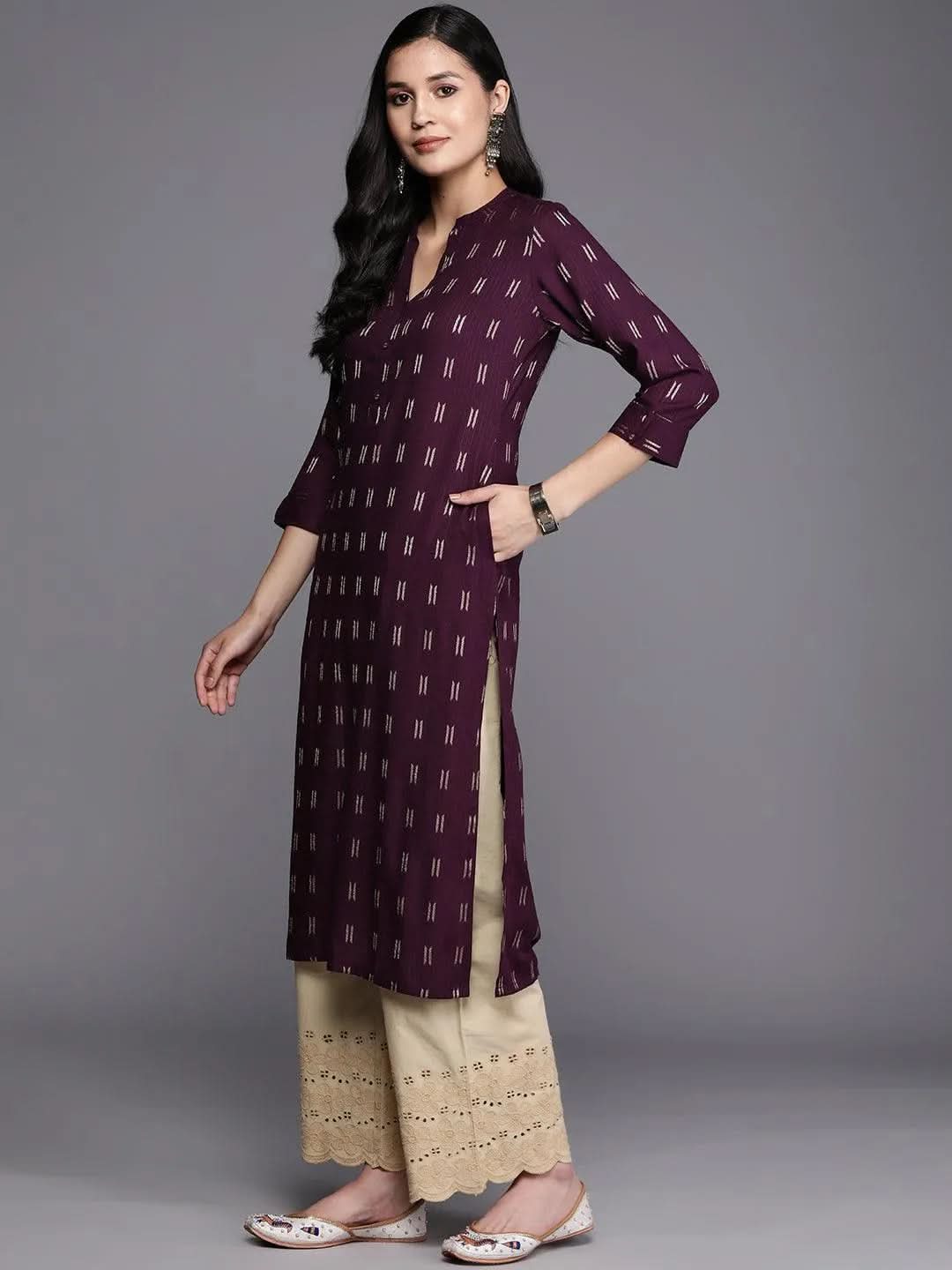 Purple Woven Design Rayon Straight Kurta - Libas