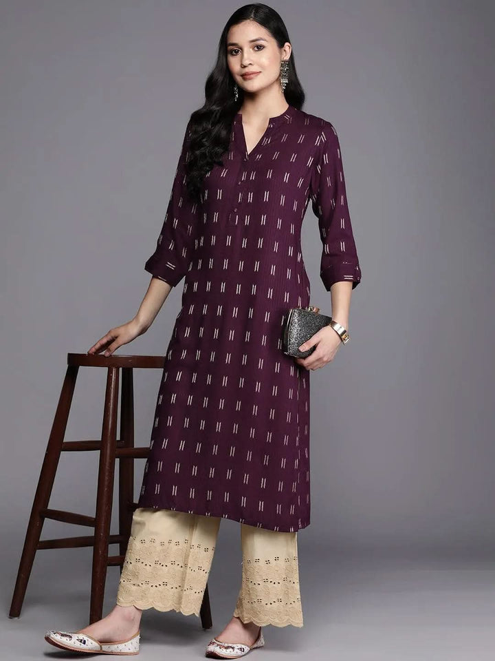 Purple Woven Design Rayon Straight Kurta - Libas