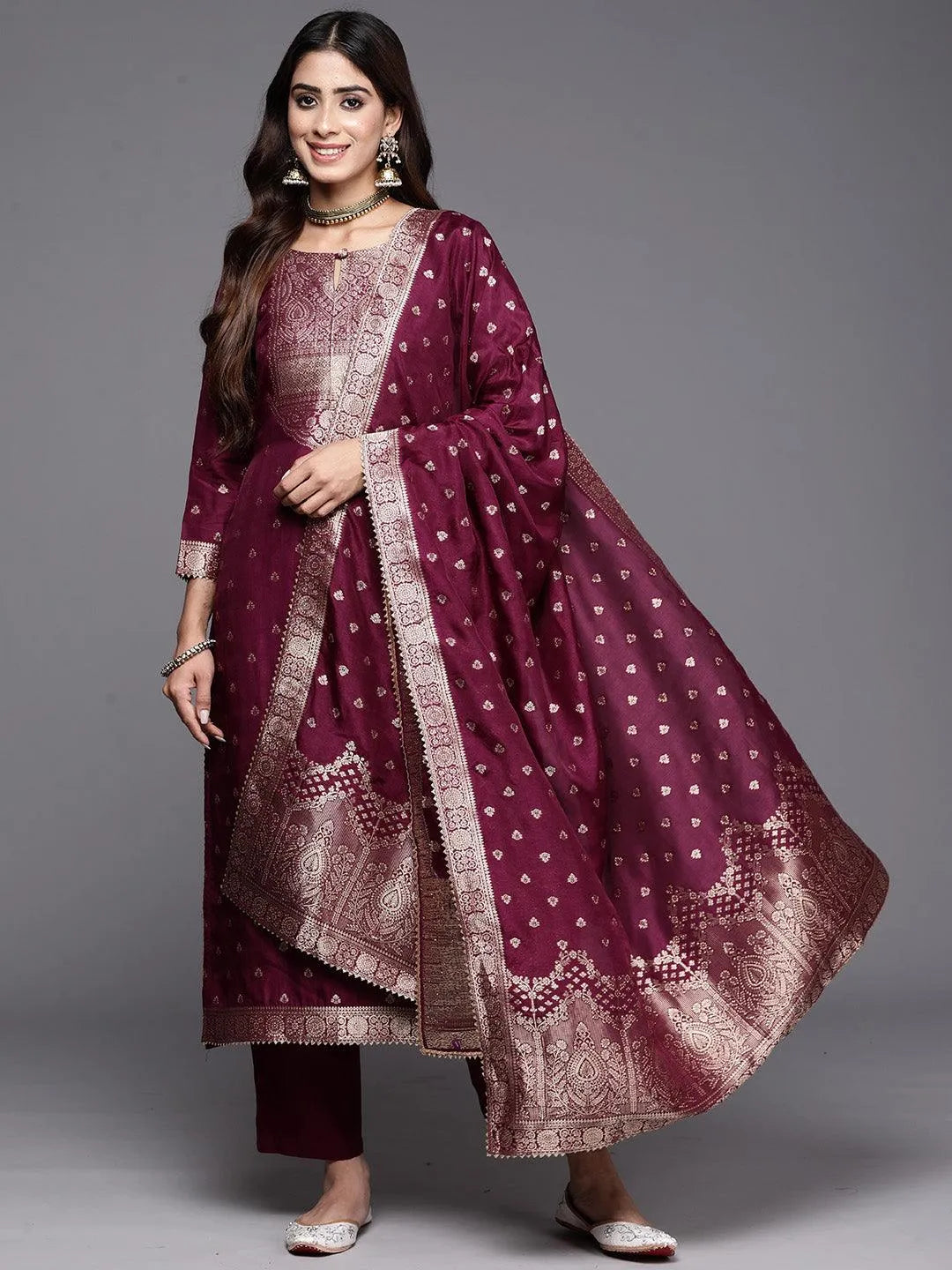 Purple Woven Design Silk Straight Kurta With Trousers & Dupatta - Libas