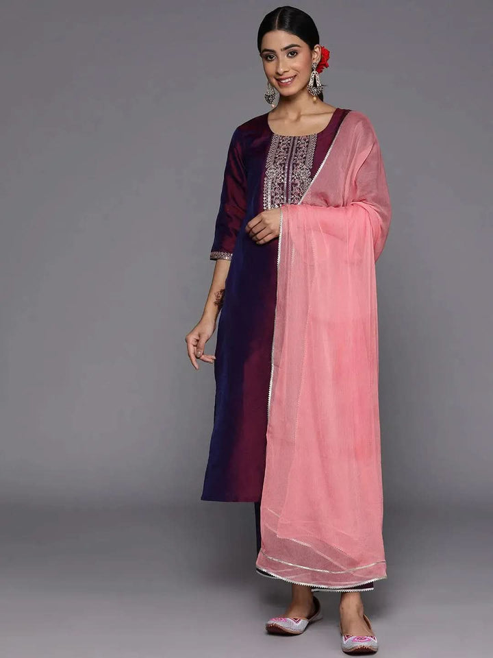 Purple Yoke Design Silk Blend Suit Set With Trousers - Libas