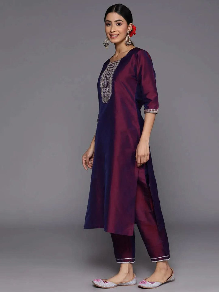 Purple Yoke Design Silk Blend Suit Set With Trousers - Libas