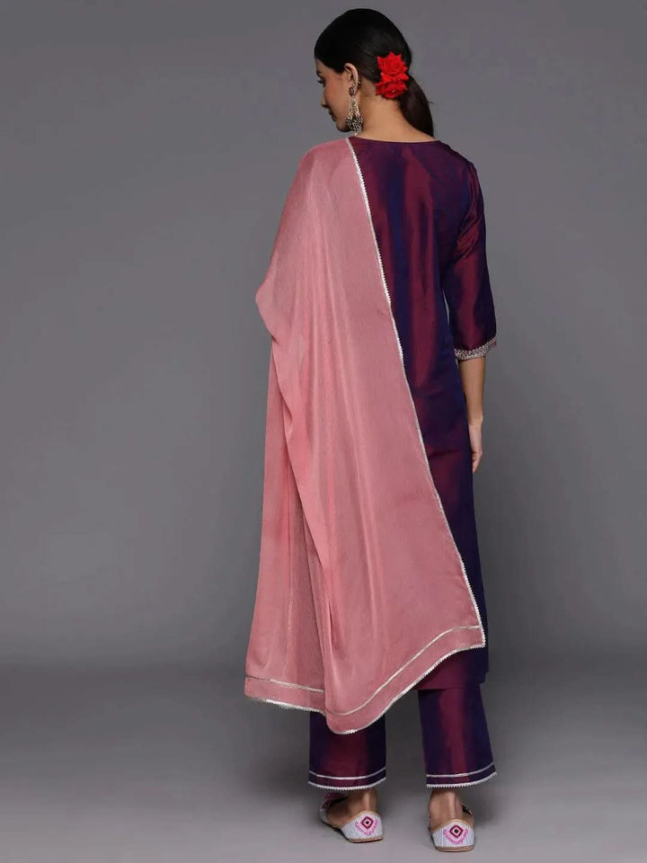 Purple Yoke Design Silk Blend Suit Set With Trousers - Libas