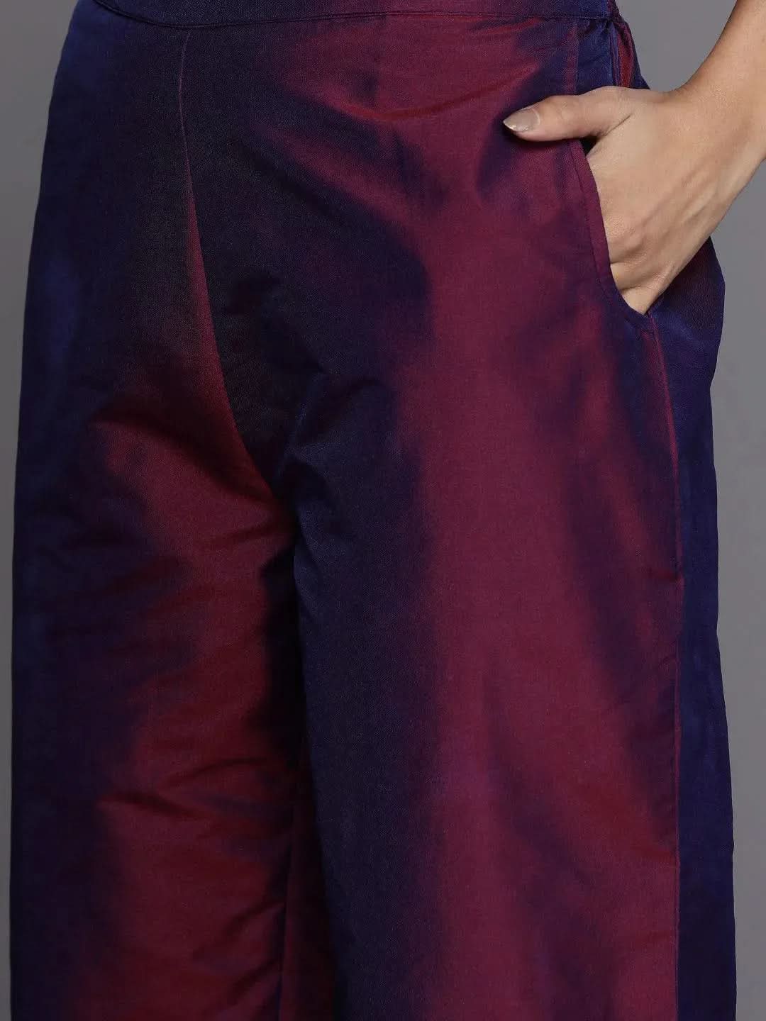 Purple Yoke Design Silk Blend Suit Set With Trousers - Libas