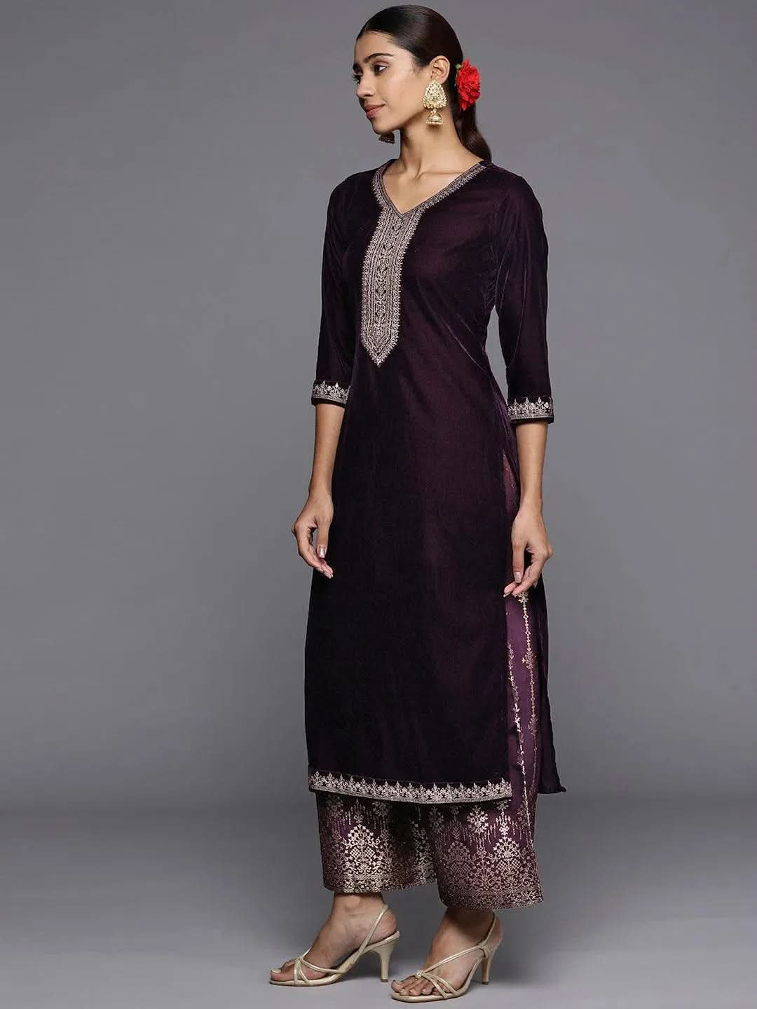 Purple Yoke Design Velvet Straight Suit Set - Libas