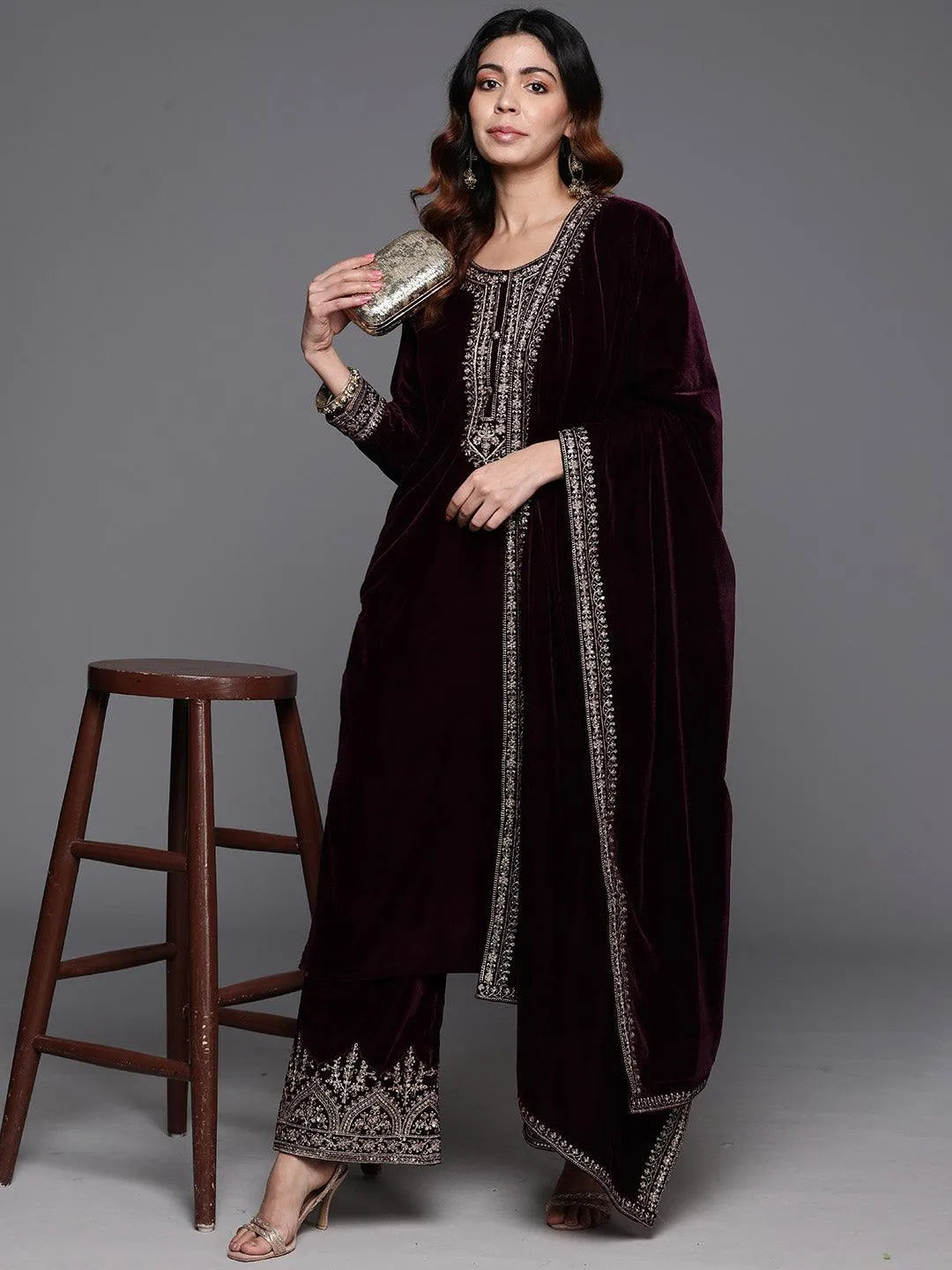 Purple Yoke Design Velvet Straight Kurta With Palazzos & Dupatta - Libas